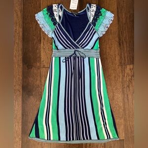 NWT Bebe Women Crochet Flutter Sleeve Striped Mini Dress iBlue Green White S